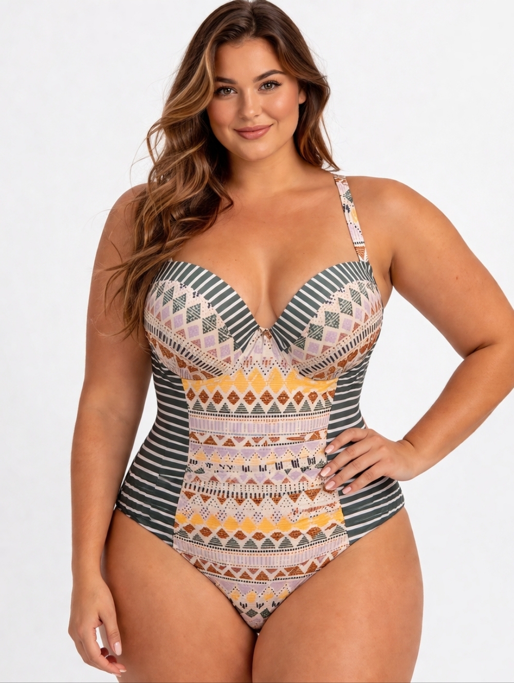 Allure Womens One Piece Size 12/14 Padded Built In Bra Tribal Aztec Bathing Suit
